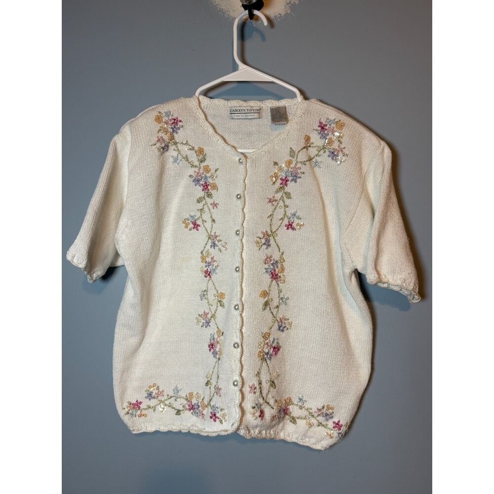 Carolyn Taylor Vintage White Floral Embroidered Bead & Sequin Cardigan